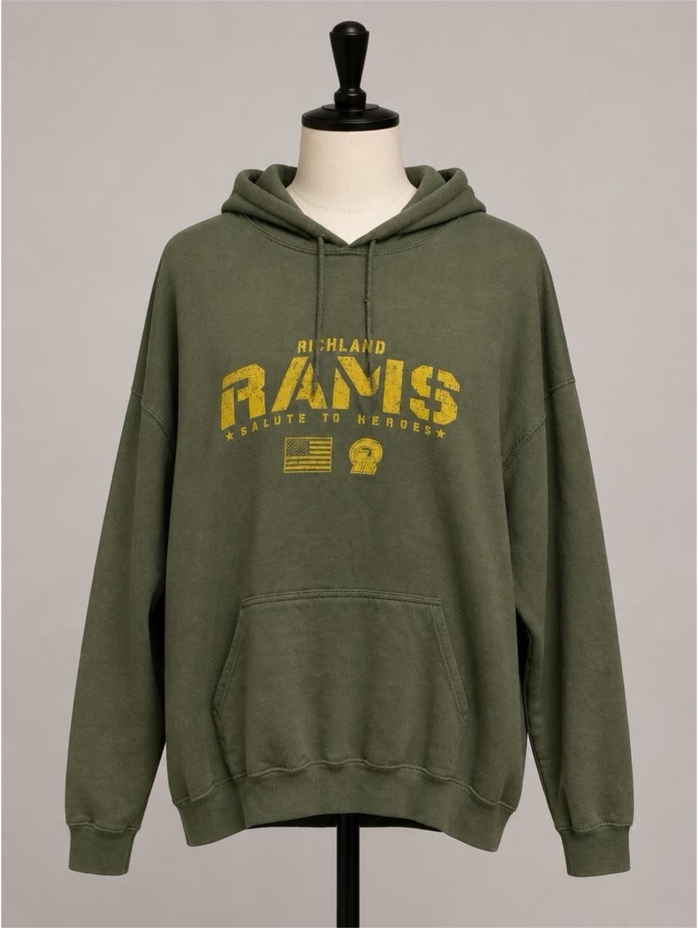 Gildan Heavy Blend Olive Green Rams Salute to Heroes Hoodie Sweatshirt 2XL